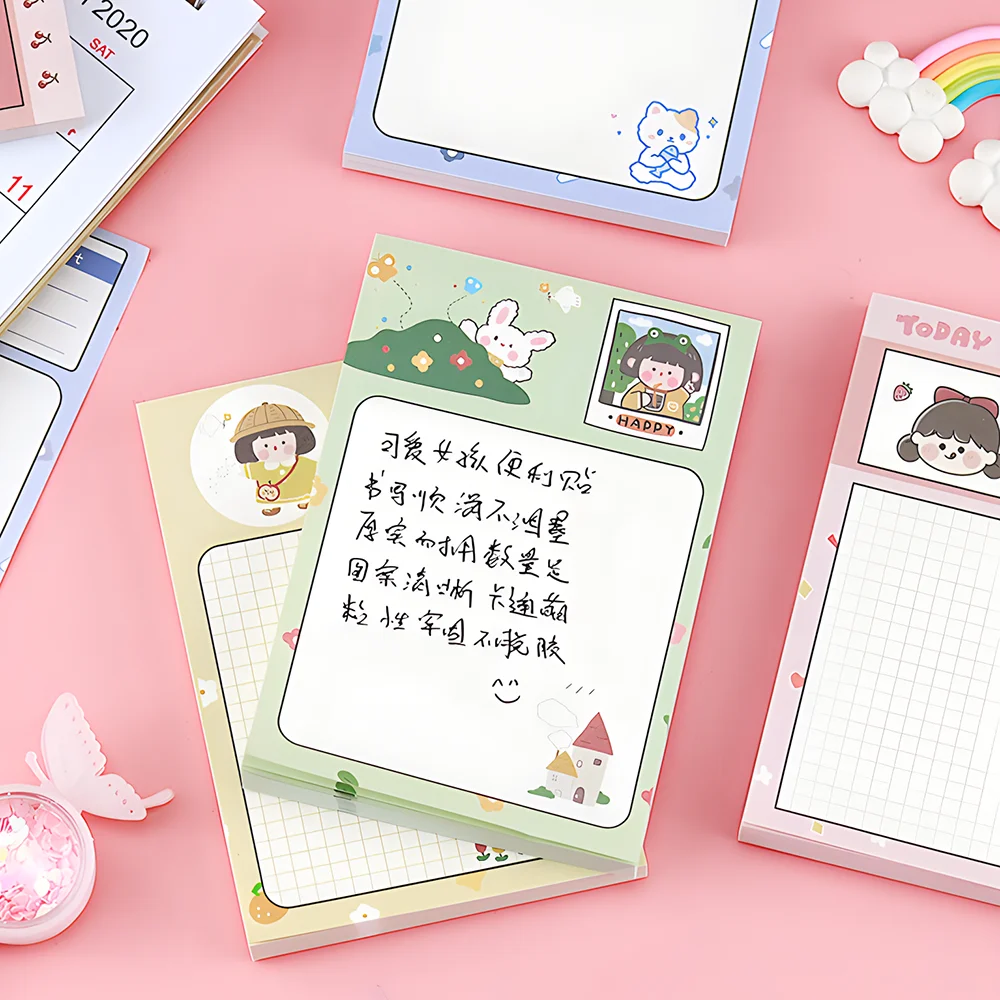 Cute Girls Sticky Notes Funny Kawaii Grid Blank Memo Pad Post Notepad Kid Stationery Daily Planner Index Shopping Check List Tab