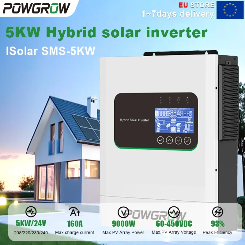 POWGROW 6,5KW Hybride Off-Grid Omvormer 48V MPPT 60-450VDC 9000W PV 120A Lader 12KW Piekstroom 10ms Schakelaar 94% Efficiëntie Werkzaam zonder batterij Thuisgebruik