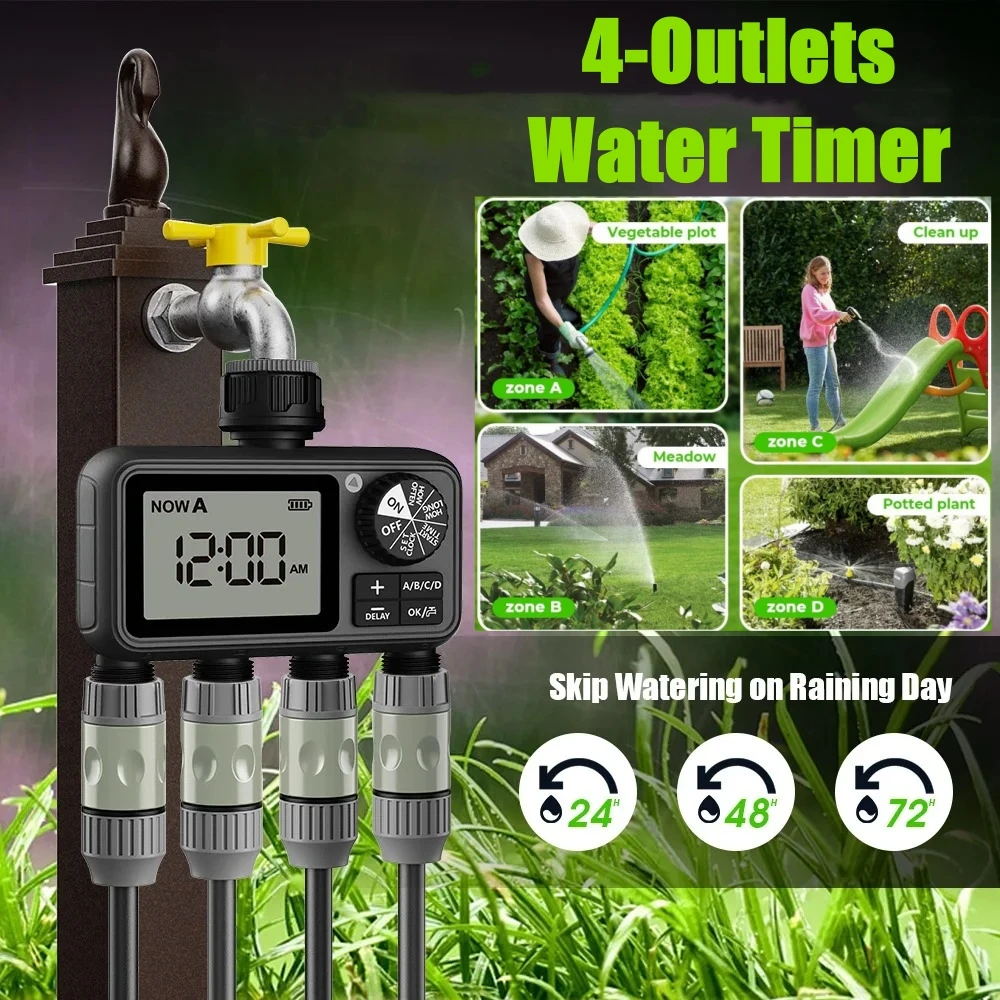 4 Outlet Sprinkler Timer Programmable Garden Water Timer with Rain Delay Manual& Automatic Watering System Digital Irrigation