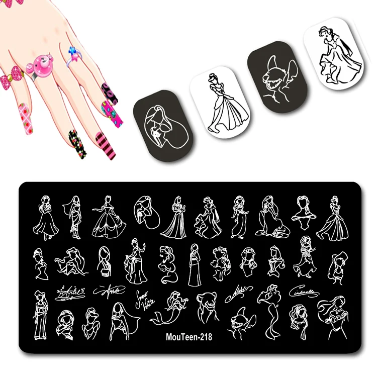 Disney New Launch Line Princess Nail Stamping Shadow Princess Nail Stamp Plate Cartoon Girl Nail Plate#218