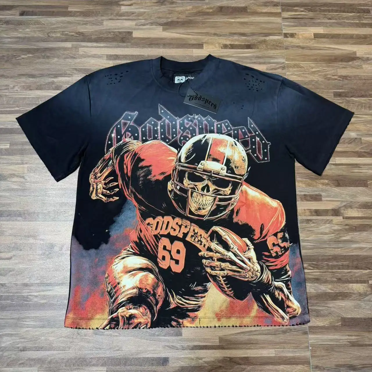 Godspeed Retro Rugby Print Cotton T-Shirt Short Sleeve Worn-In Style Hole Punching Trendy Youthful Streetwear Casual T-Shirt
