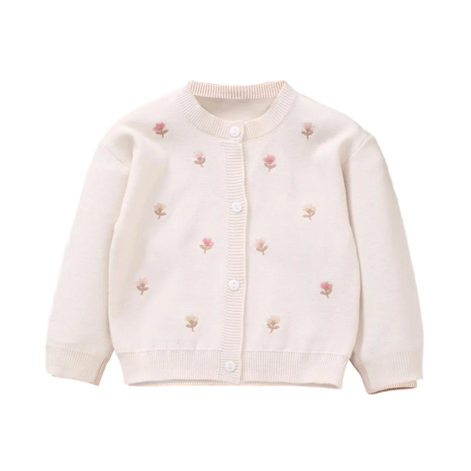 

Кардиган для маленьких девочек с длинными рукавами и круглым вырезом на пуговицах, зимний теплый вязаный свитер с цветочной вышивкой, одежда для младенцев