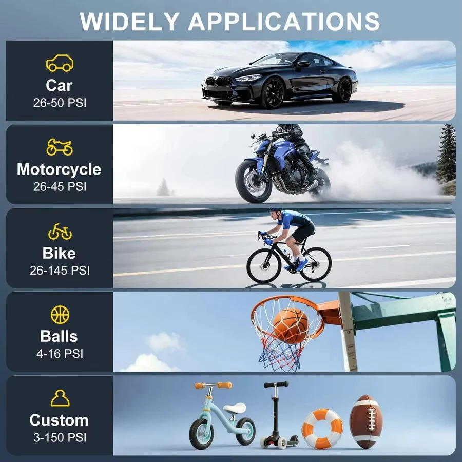 150PSI Motorcycle Air Pump Wireless Portable Pump Digital Tire Inflator Air Compressor Emergency Light Output for Bicycle Ball