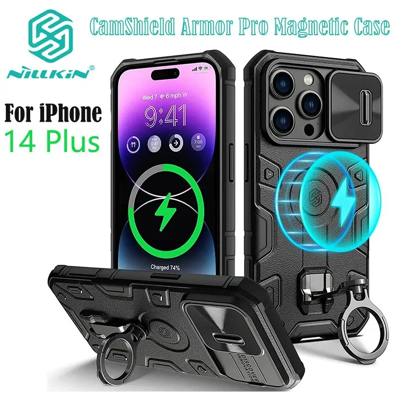 

For iPhone 14 Plus NILLKIN CamShield Armor Magnetic Case Shockproof Fall-resistant MagSafe Case With Ring Kickstand Back Cover