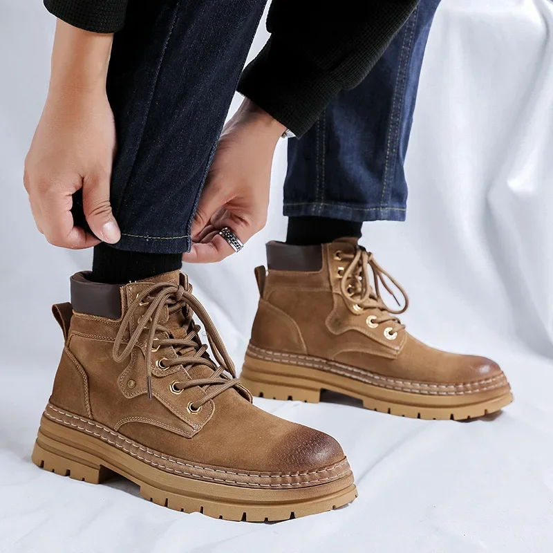 

Новые мужские ботильоны на весну и осень, винтажная британская обувь из коровьей замши в пустыне, уличные ботинки, мотоциклетные ботинки на платформе