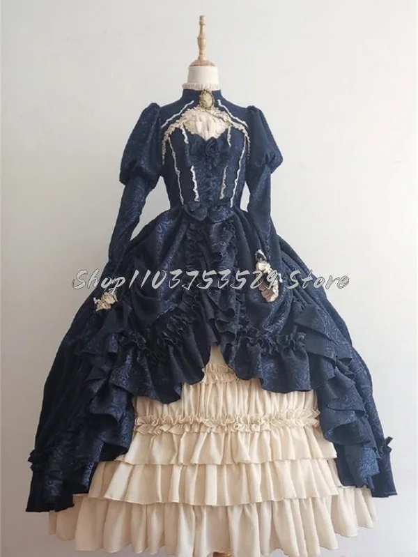 Elegant Navy Blue Victorian Prom Dresses Delicate Diamonds High Neck Ruffles Cubic Floral Ruffles Lace Up Lolita Customised