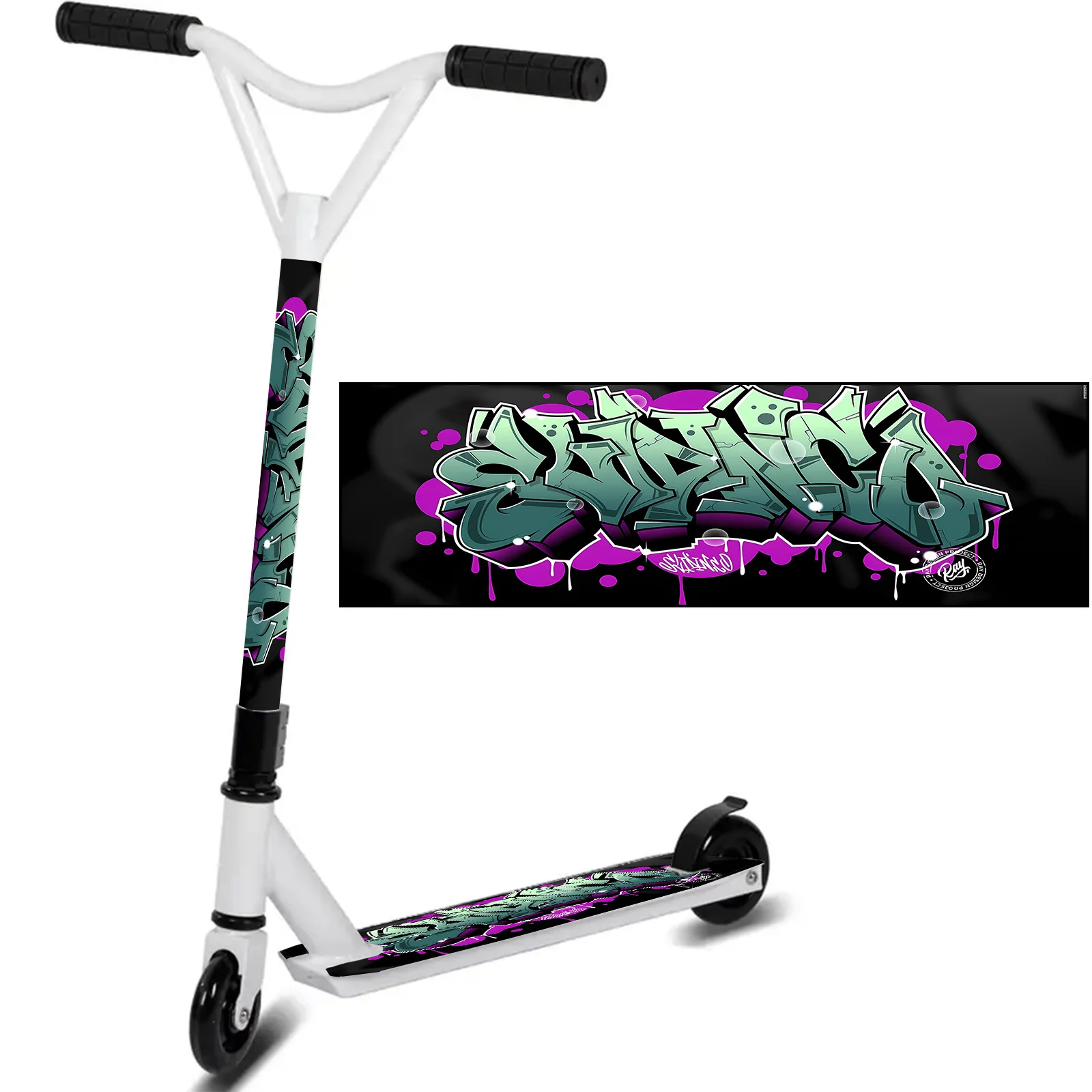 

1 фиолетово-зеленый стикер с граффити, крутой стикер для скутера, стикер для скейтборда, подходит для скутеров, самокатов, портативных складных скутеров.