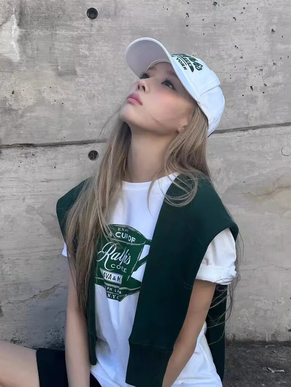 

East Today Retro Sle Pure Cotton ort Sve T-irt Women's Slim Fit Comfortable Coffee Print Top V-Ne Regular Length