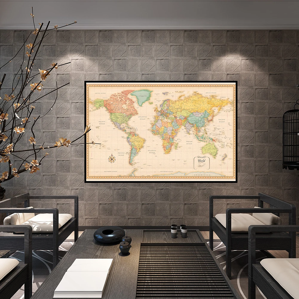 The World Map Classic Vintage Non-woven Canvas Painting Wall Art Poster for Home Decor School Supplies 150*90cm