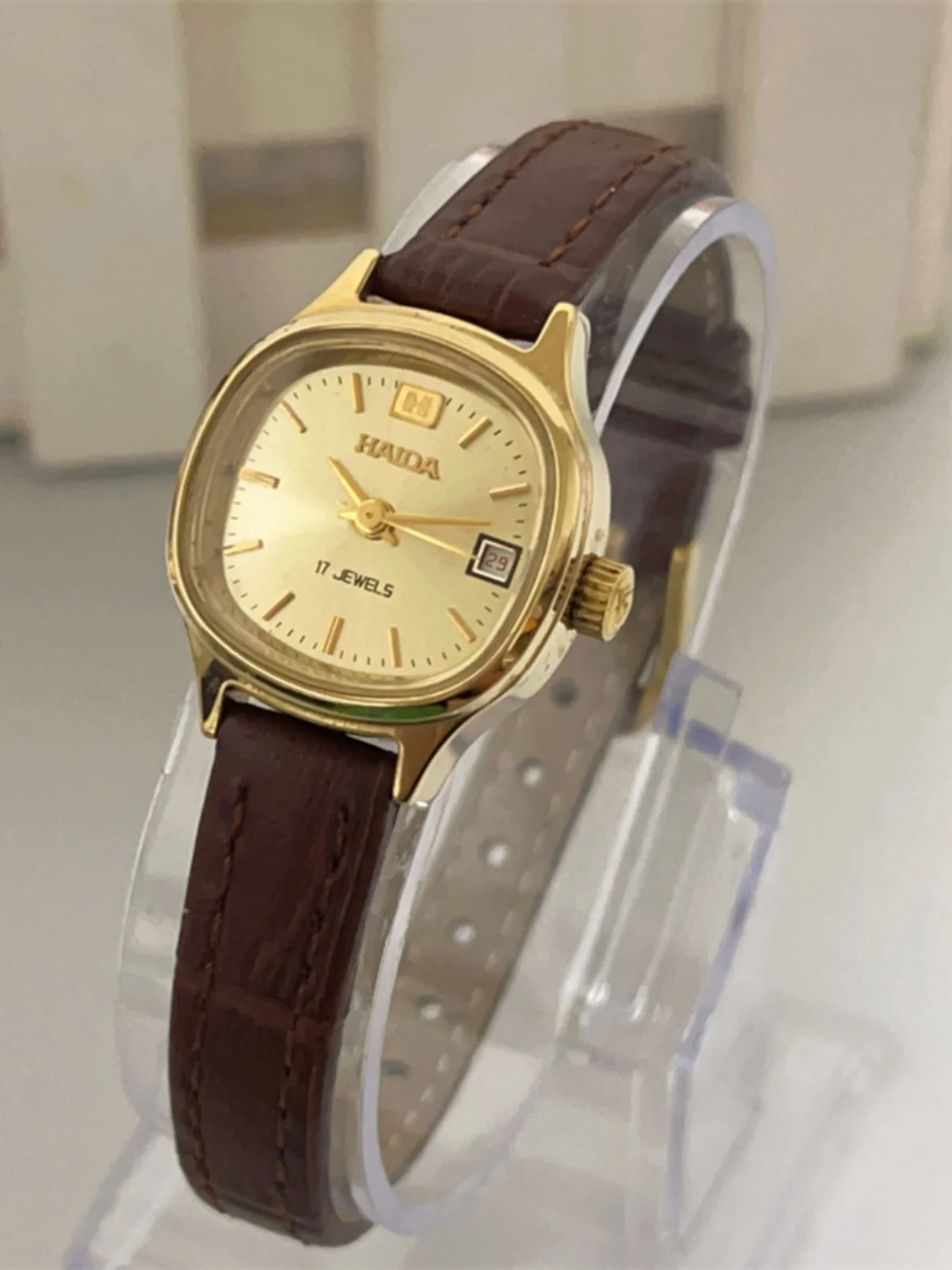 Haida manual winding mechanical watch women's watch retro square gold-plated genuine leather women's watch temperament