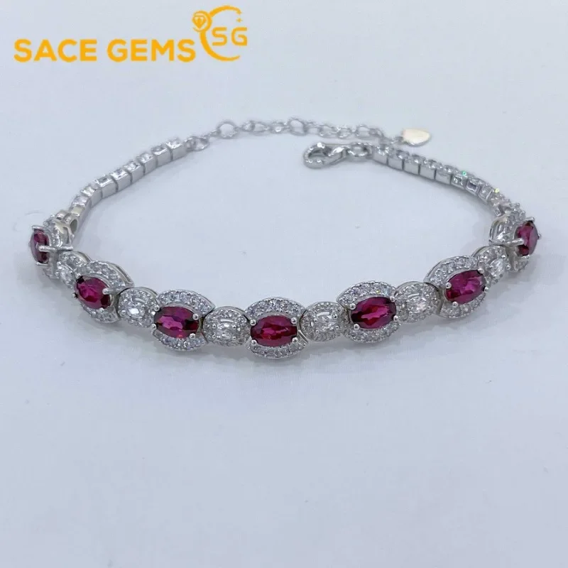 SACEGEMS New Luxury 925 Sterling Silver 4*6MM Natual Garnet Gemstone Bracelrts for Women Engagement Cocktail Party Fine Jewelry