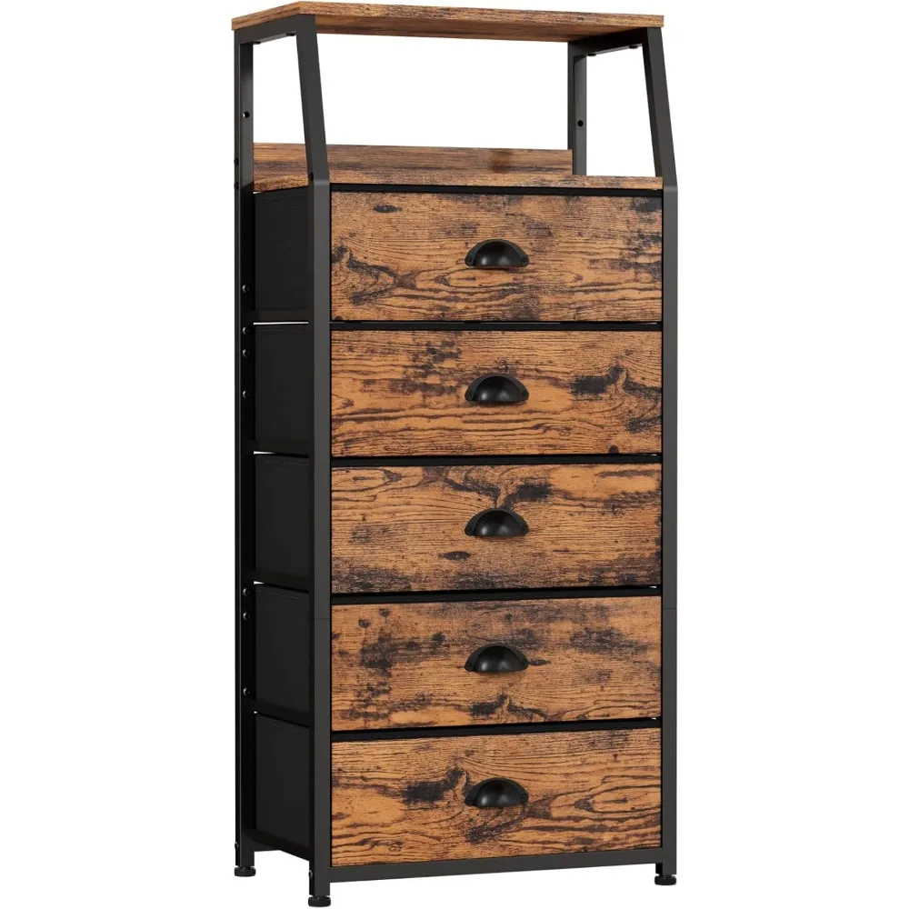 High 5-drawer dresser, bedroom, hallway, organizer, fabric dresser, bedside table, sturdy steel frame, wooden countertop