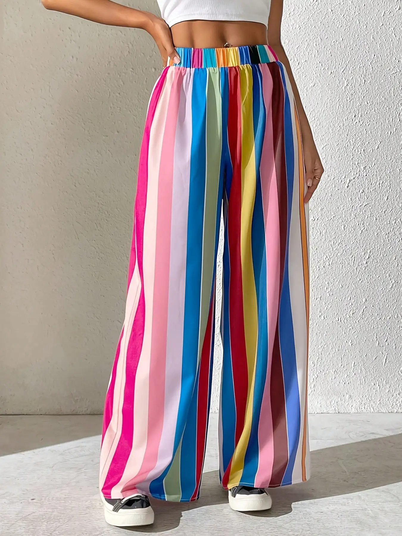 

2026 casual and elegant women's plus size elastic waist loose color striped comfortable wide leg pants long pants