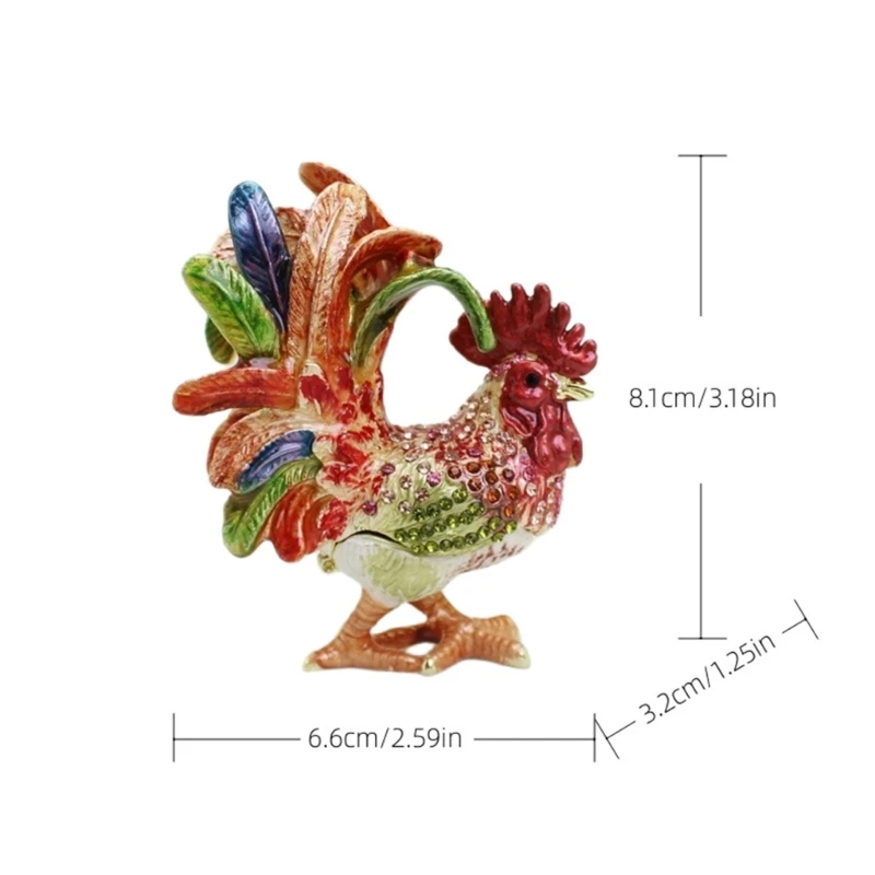 

Q0KE Exquisite Alloy Rooster Shaped Trinket Box With Crystal And Enamel Jewelry Organiser Storage Container