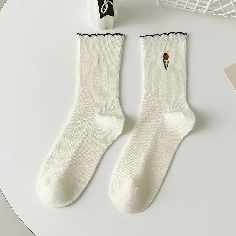 5 Paar Damen-Socken mit Blumenmuster, Frühling und Herbst, koreanischer Stil, atmungsaktiv, einfarbig, lässige Socken, Kokette-Socken