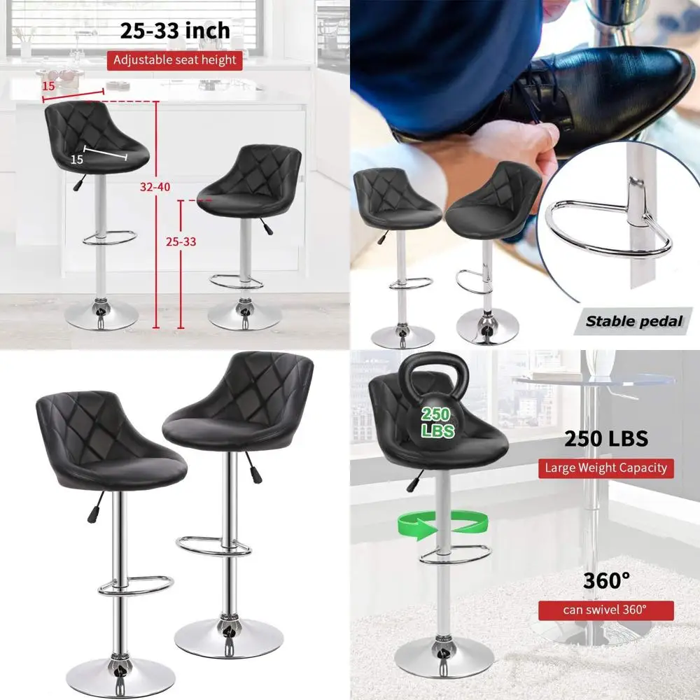 

Set of 2 Swivel Adjustable Bar Stools with PU Leather, Backrest for Kitchen Counter Dining