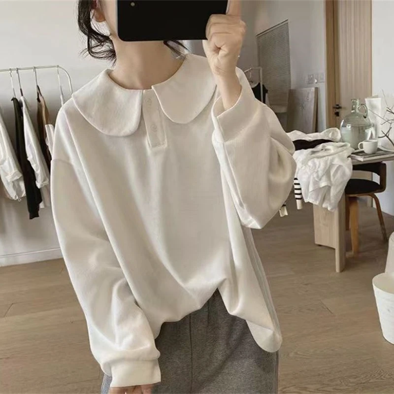 Yasuk Summer Casual Ruffle Neck  T-Shirt Female Pullover Women Blouse Simple School Student Loose Soft Long Sleeve