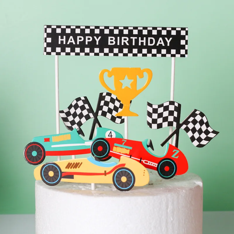 Happy Birthday Cake Topper Racing Car Cup Reward Anniversaire Decor Flag Party DIY Baking Supplies Cupcake Toppers Baby Shower