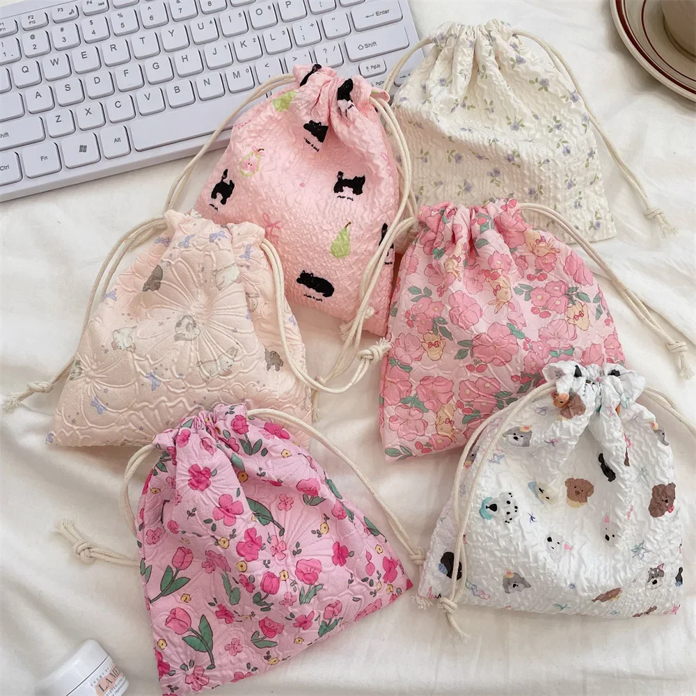 Cute Cartoon Bear Ladies Mini Drawstring Bags Retro Flower Women's Cosmetic Storage Bag Portable Sweet Female Coin Purse Handbag