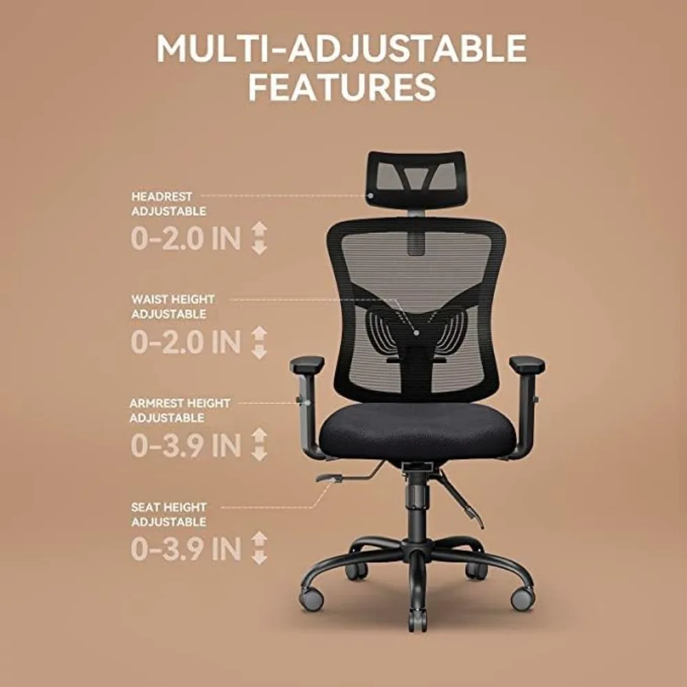 Silla ergonómica de escritorio con soporte Lumbar ajustable de 2 pulgadas, reposacabezas, reposabrazos 2D, mecedora de 135 °