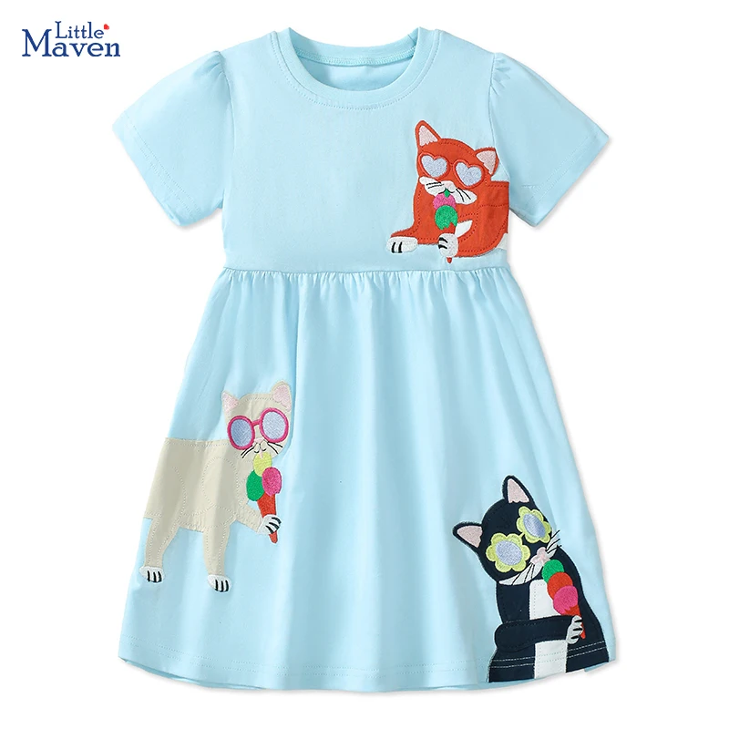 

Little maven 2025 New Summer Children's Clothing Kids Clothes Cartoon Cats Party Dresses Holiday Cotton Casual Vestidos Gifts