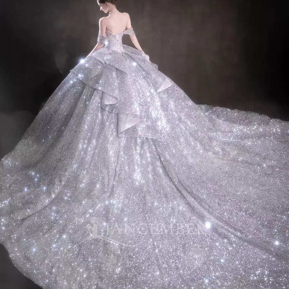 Glitter International Wedding Dress Sequin With Beading Ruffles Ball Gown Sleeveless Strapless Bride Customized Vestido De Novia