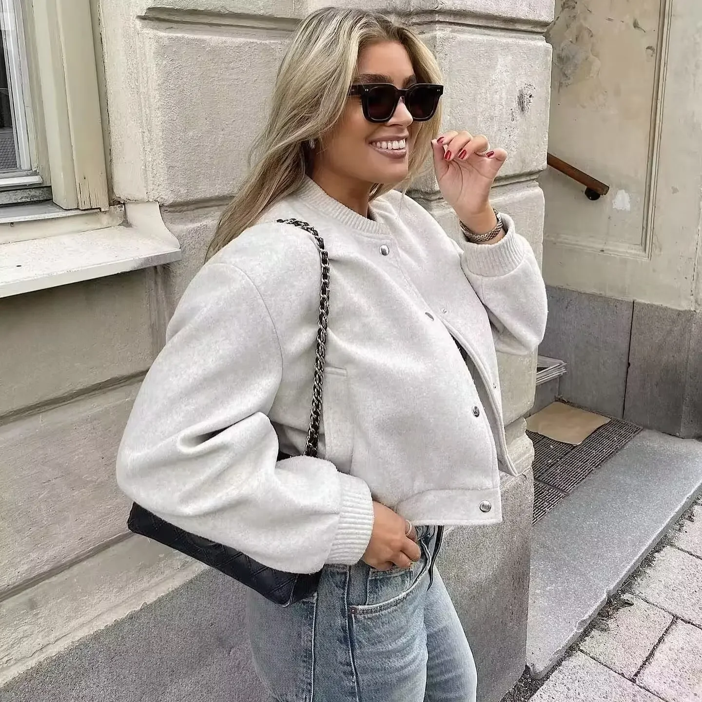Women Casual Cropped Bomber Jacket Varsity Style Snap Button Sweatshirt  Ribbed Collar Cuffs Coat Outerwear куртка женская