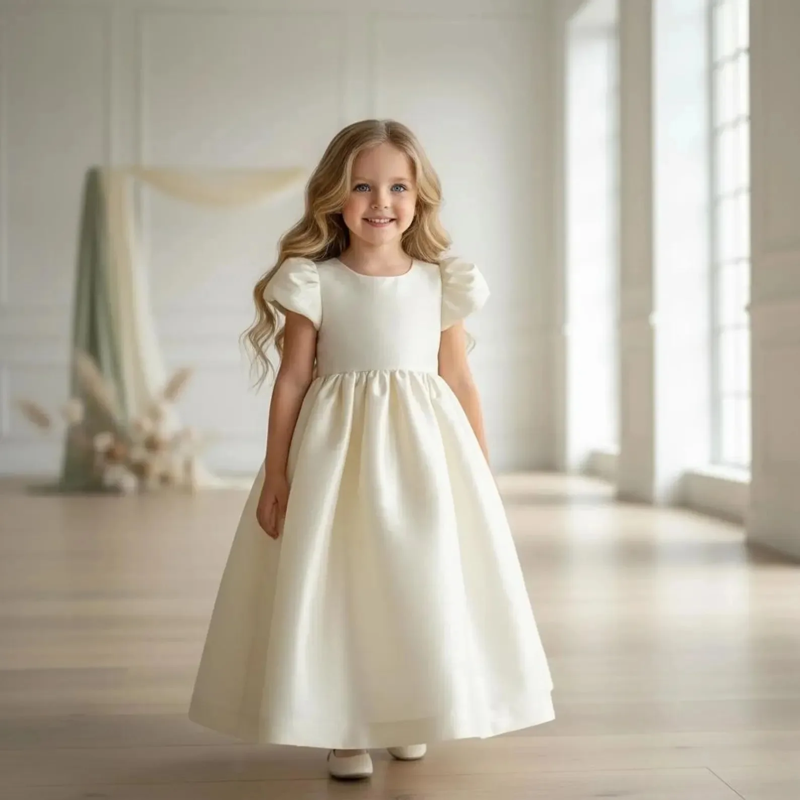Elegantes Satin-Formelles Blumenmädchenkleid mit Rundhalsausschnitt und Puffärmeln, Erstkommunionkleid, Mädchen-Hochzeitskleid, Maßanfertigung im Großhandel – Detail 3