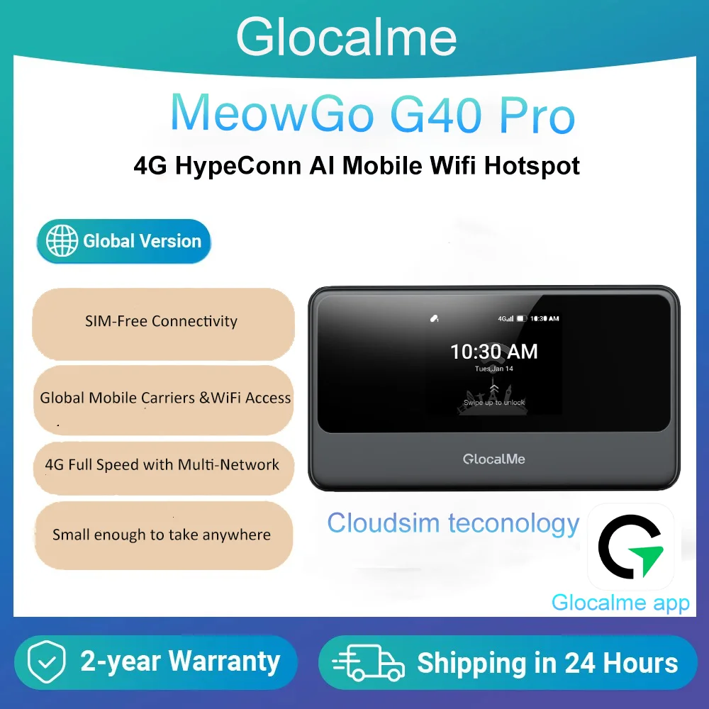 

GlocalMe MeowGo G40Pro 4,5G Портативная точка доступа Wi-Fi для путешествий по 200+ стран Модернизированная точка 4G+ MobileHotspot 390 Мбит/с без SIM-карты