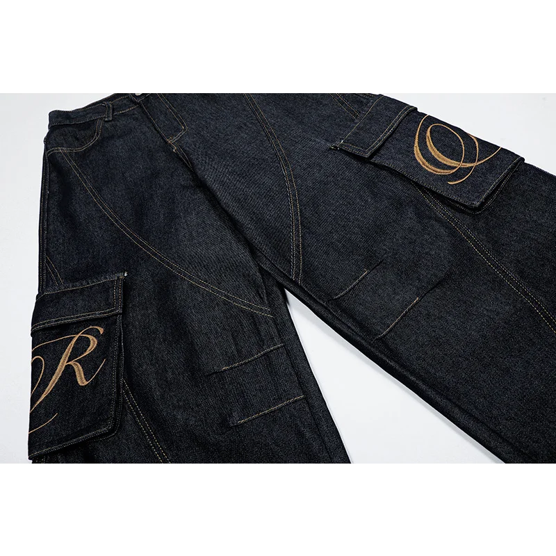 Salopette en jean américain à jambes larges pour femmes, pantalons Cargo multi-poches pour filles, décontracté, assorti avec tout, Slim, tendance, bleu foncé, Hipste de rue