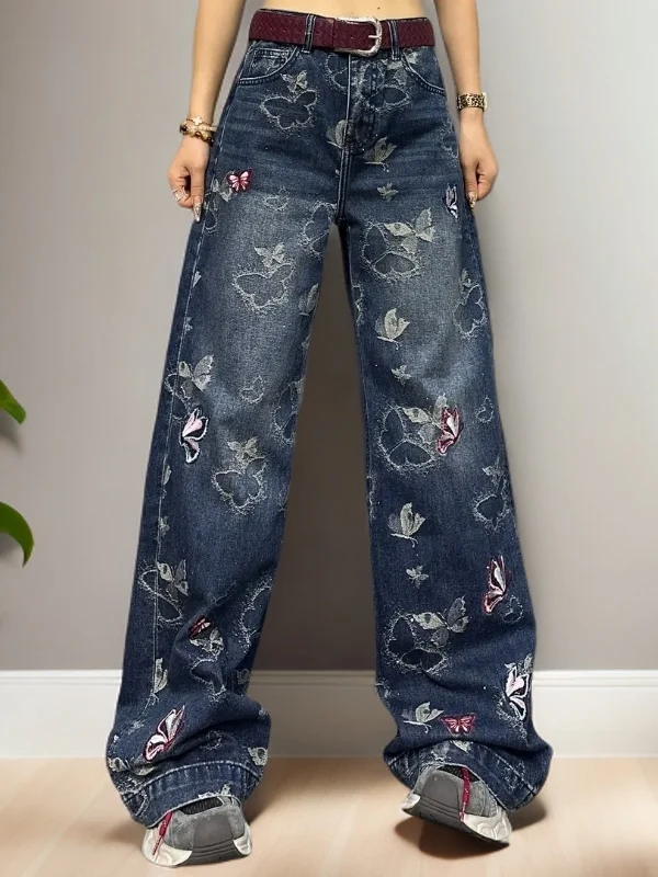 

Spring High Waist Loose Embroidered Rhinestone Denim Wide Leg Pants Women's Casual Faion plus Size Pattern Blue