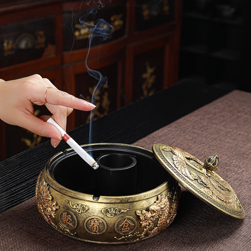 Creative Resin Ashtray with Lid New Chinese Home Office Anti-Flying Dust Complex Trend Tea Container Ornaments