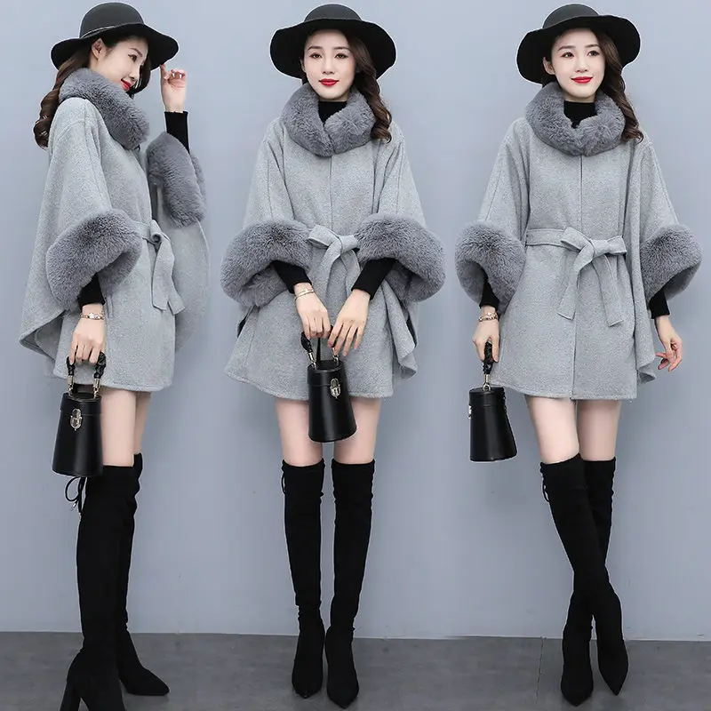 

Cape Woolen Coat Women's Mid-Length 2022 Autumn Winter Temperament Fashion Fur Collar And Cuff Splice Sashes Cloak Jacket T499