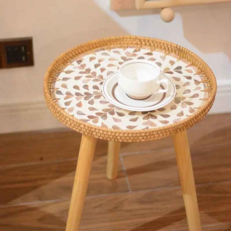 Nordic Seashell Coffee Table Handwoven Rattan Side Tables Japanese Tatami Round Dining Table Boho Chic End Desk for Living Room