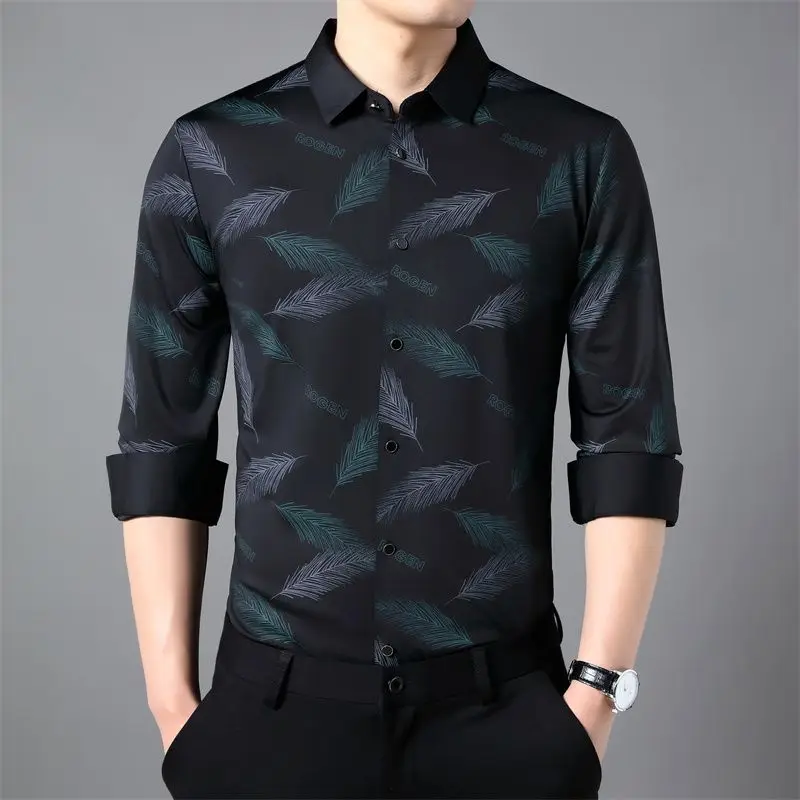 Business Spring Autumn Men\'s Letter Geometry Printing Button Long Sleeve Turn-down Collar Cardigan Shirt Casual Formal Tops