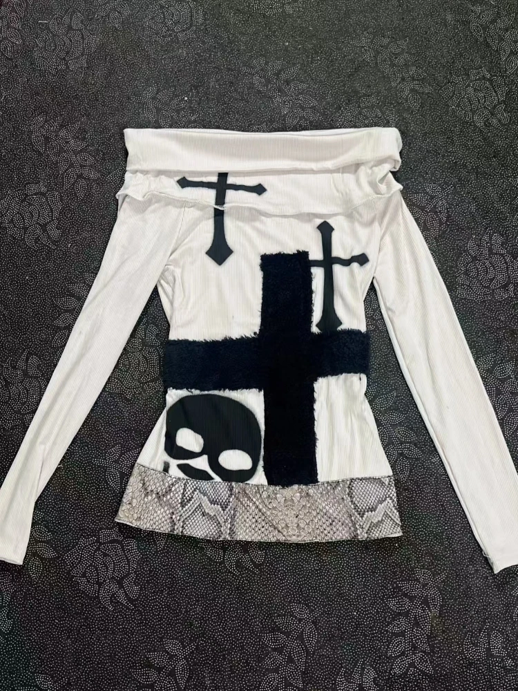 

Hot Girl Aesthetic Y2k Skinny Off Shoulder T-Shirts Design Sexy Print Cross Slim Tees Darkly Punk Long Sleeve Gothic Clothes New