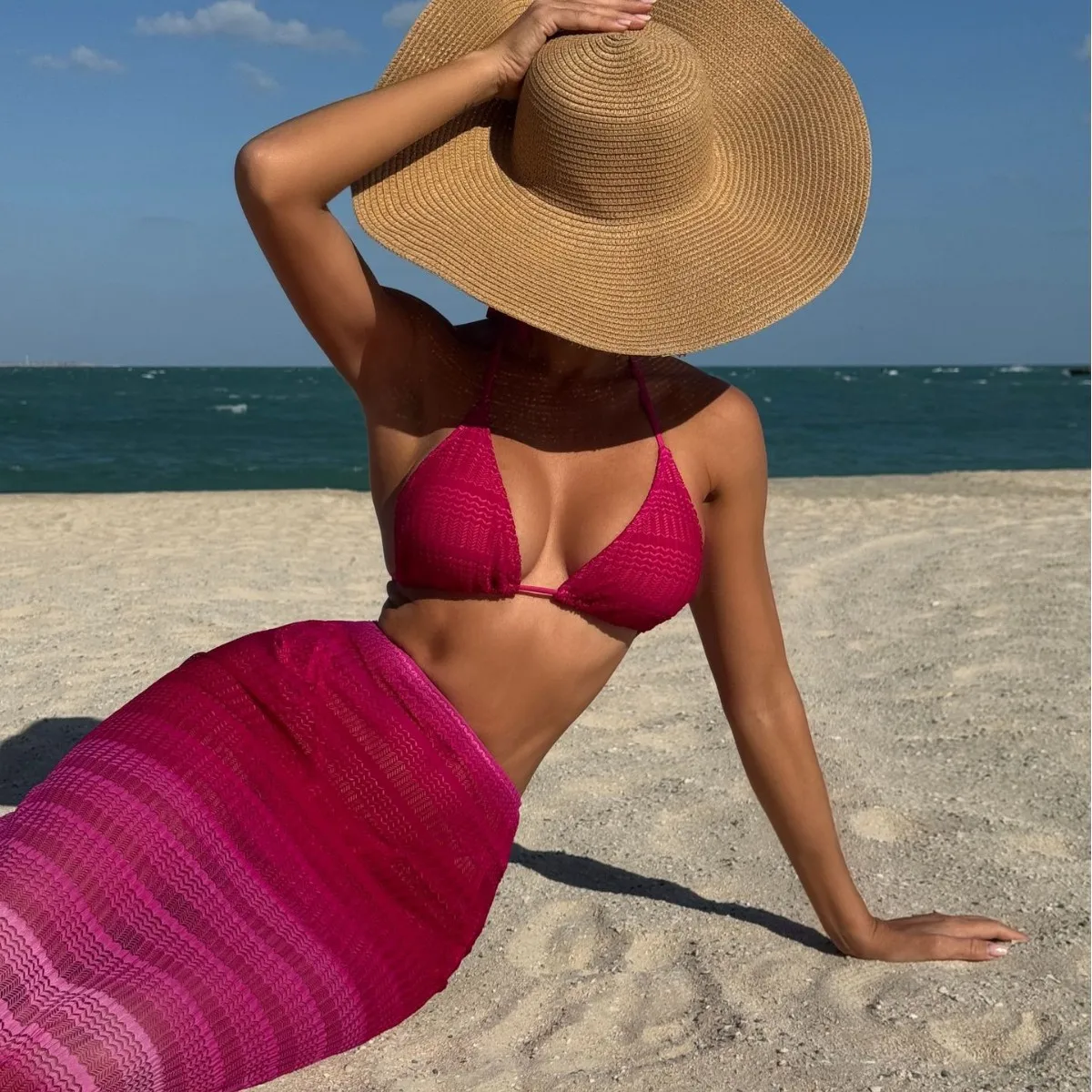 

2025 New Gradual Change Mesh Three-piece Beach Dress Sexy Bikini Muslim Swimming Suit for Women Купальник Женский