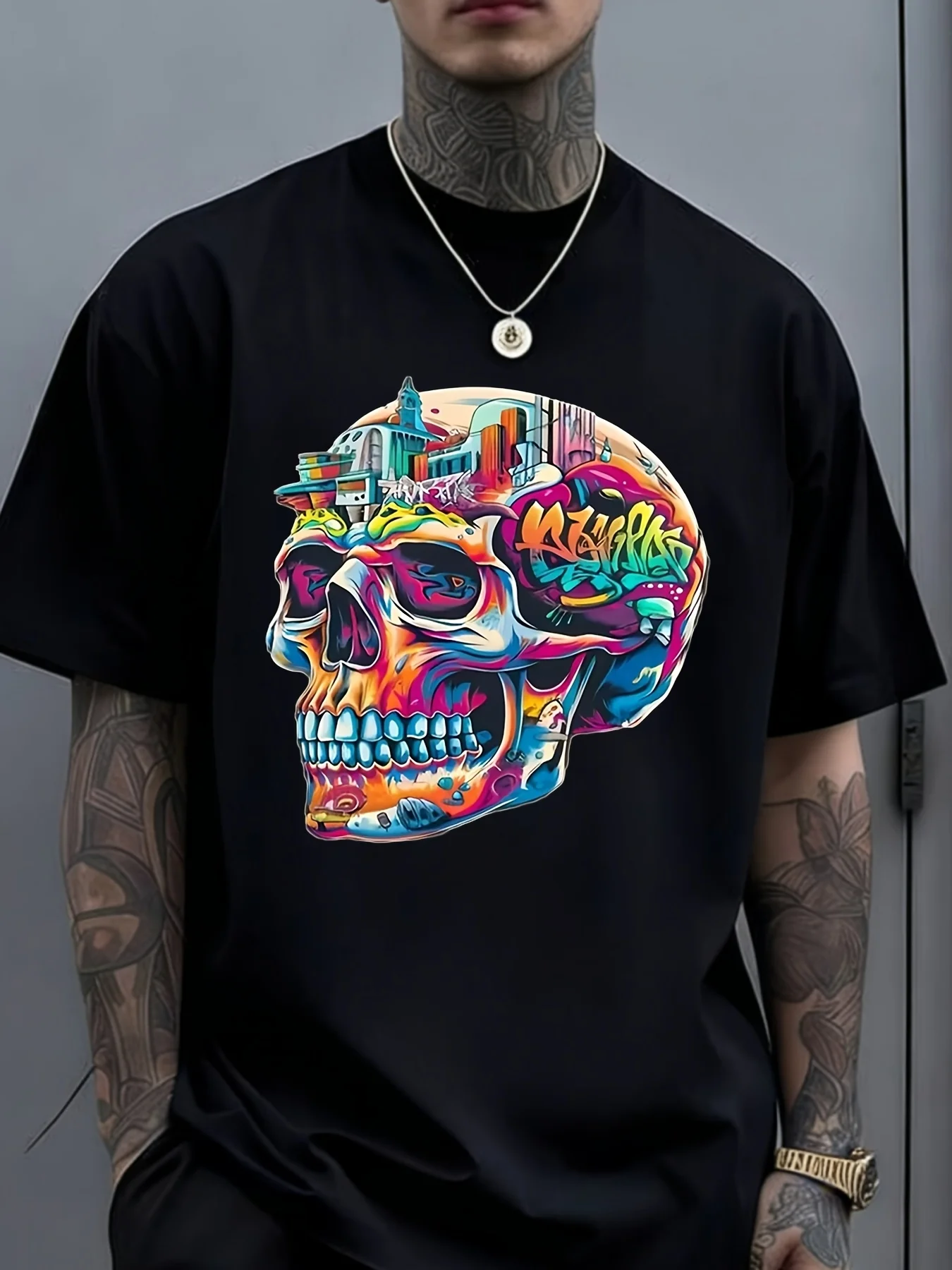 Men'S Tee Featuring Vibrant Skull Designs In A Street Art Style |   Single Top Against A Black Backdrop With Contrasting Urban Architectural Motifs, Ideal For A Stylish Look, Breathable, Sweat-Wicking, Soft, Suitable For Daily Commutes
