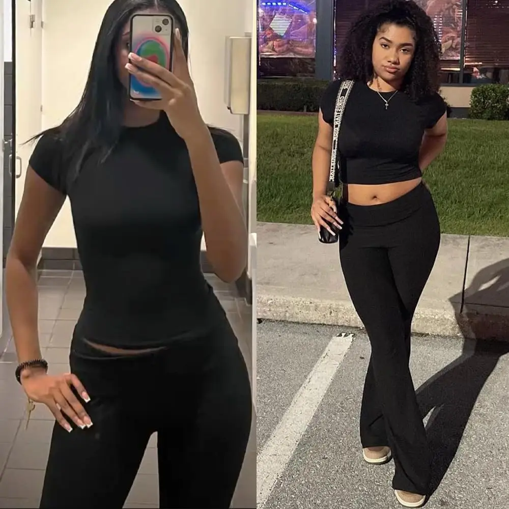 Casual Workout Two Piece Outfits for Women Crew Neck T-shirt and Low Rise Flare Pants Tracksuit Sets Streetwear