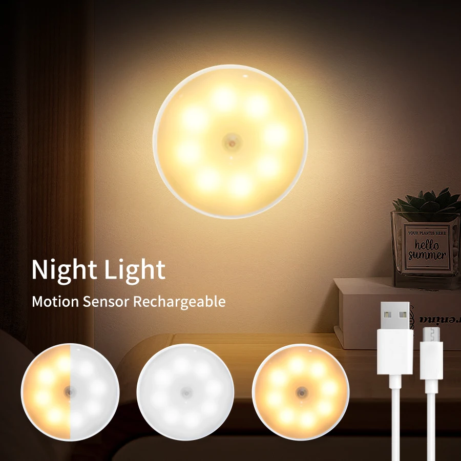 

PIR Motion Sensor LED Night Light USB Rechargeable Night Light For Bedroom Stair Kitchen Closet Cabinet Wardrobe Lighting Decor