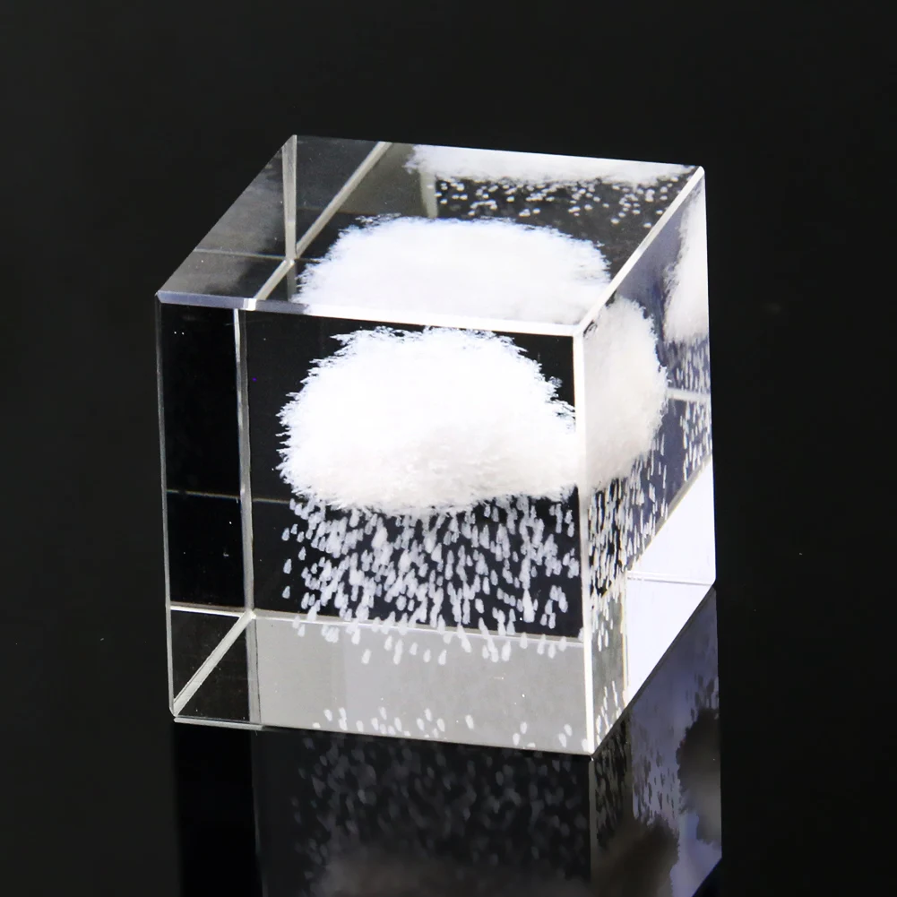 Laser Engraving Dark Clouds Rain Weather Geometry Cube Glass Crystal Crafts Sun Catcher Desk Paperweight Display Stand Figurine
