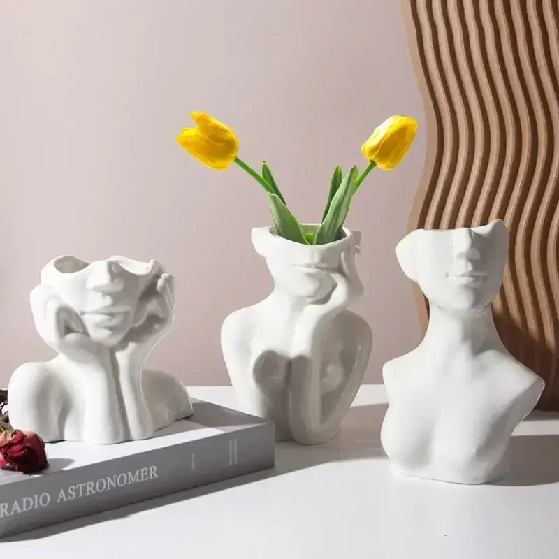 Modern Body Art Ceramic Vase+Artificial Flower Set Ornaments Dining Table Furnishing Crafts Home Livingroom Sculpture Decoration