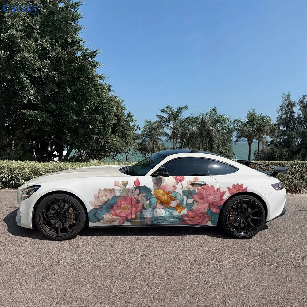

2pcs Kid, Koi And Lotus, Durable, Fade-resistant, Enhance Vehicle Aesthetics With Bold Artistic Design Car Vinyl Wraps