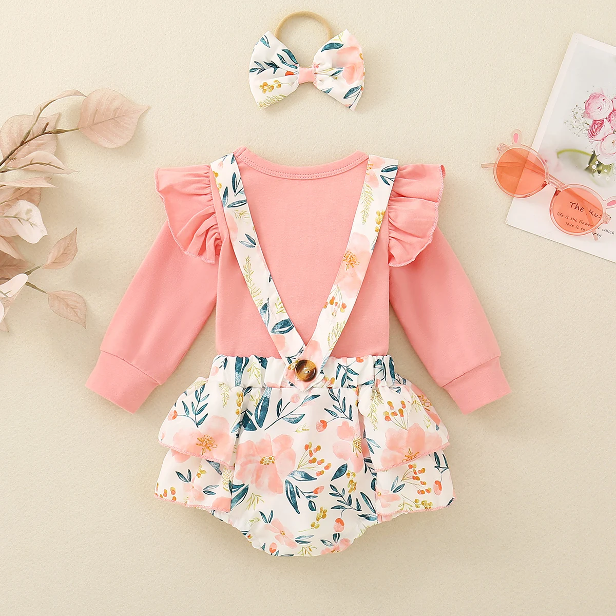Spring/Autumn Collection Baby Girl Pink Solid Top with Floral Print Dungarees Two-Piece Set - Sweet and Adorable