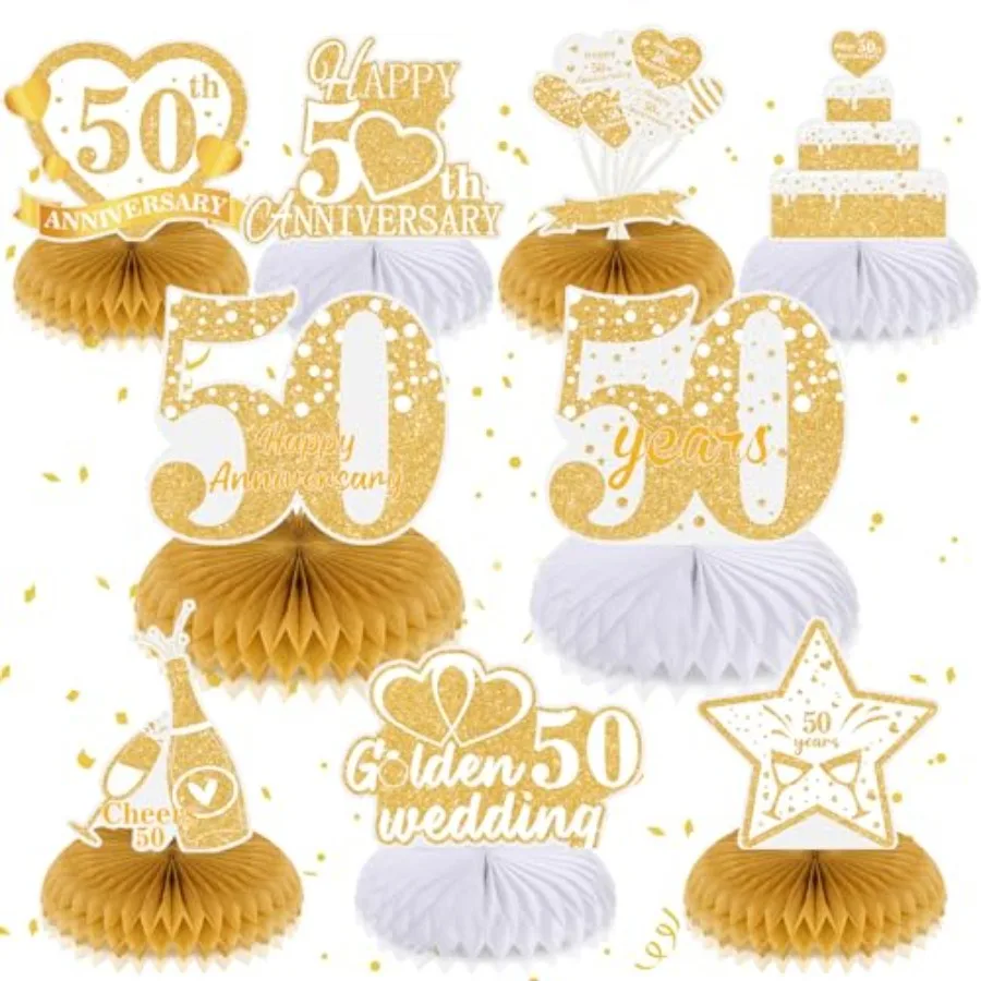 9 szt. Dekoracje na 50. rocznicę ślubu, biało-złote, 50. rocznica ślubu w złotym kolorze, dekoracja w kształcie plastra miodu, złota rocznica ślubu