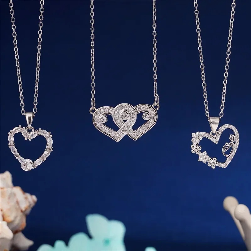 High Grade Heart Zircon Pendant Necklace Stainless Steel Chain Light Luxury Geometric Choker Jewelry Gifts For Women Girls