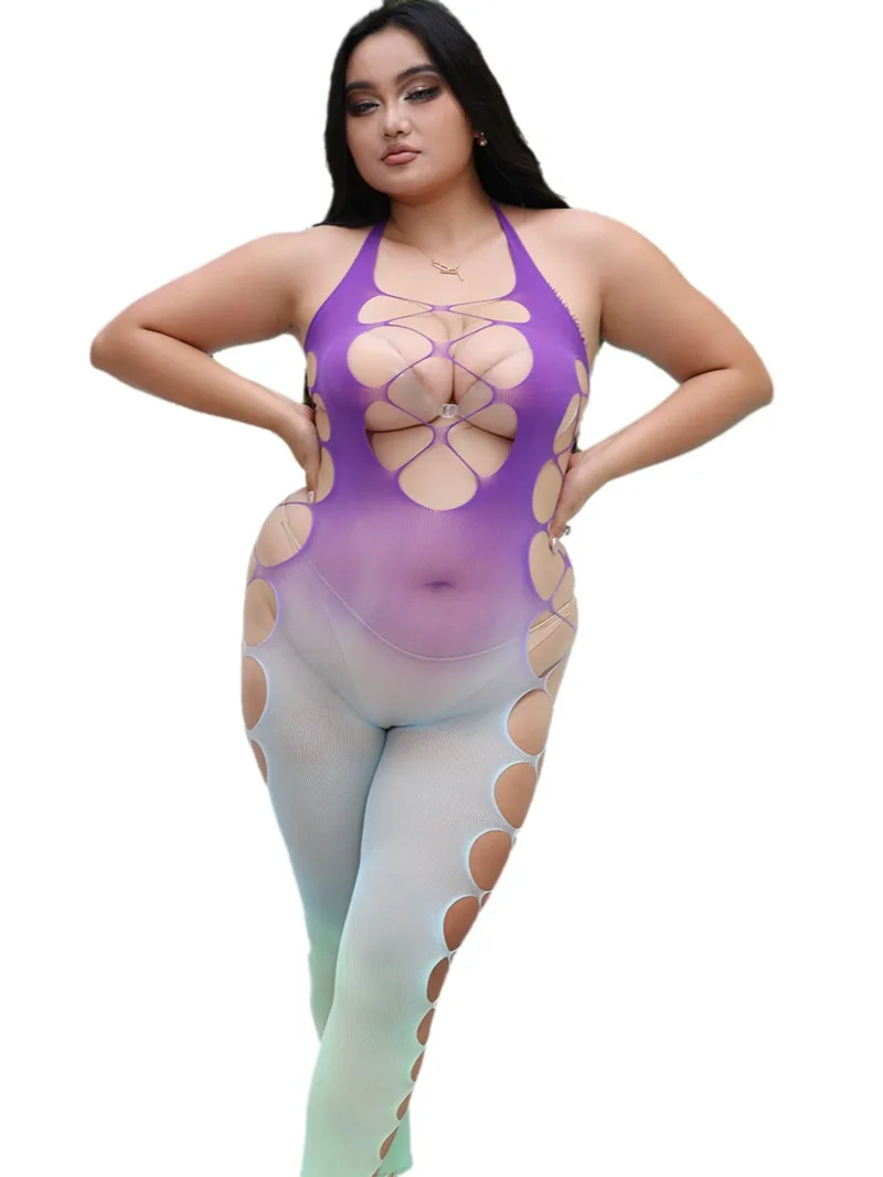 Gradient Purple Blue Green Sexy Women's Sexy Bodysuits Halter Tight Mesh Bodysuits Transparent Charming Elegant Bodysuits 7ZR7