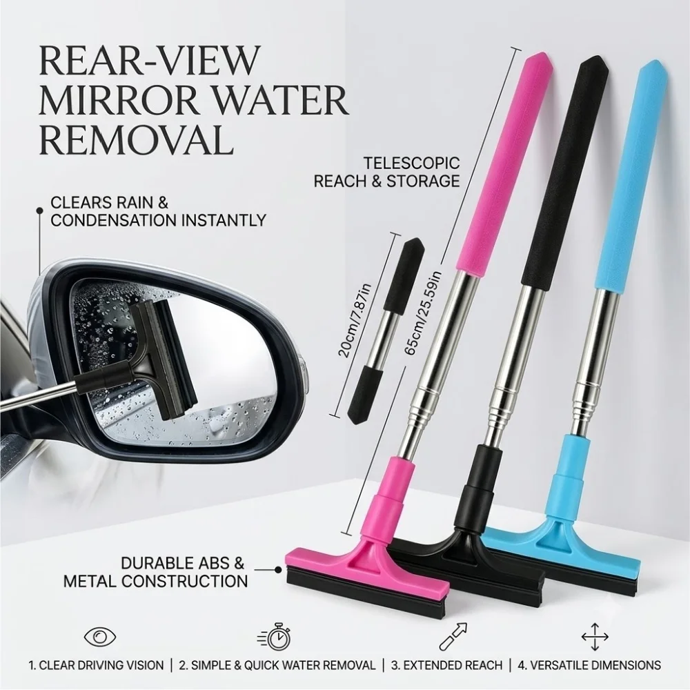 Telescopic Car Rearview Mirror Squeegee Retractable Side Mirror Wiper Glass Water Removal Cleaner Tool Portable Auto Accessories