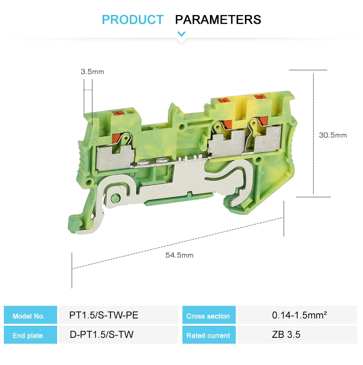 Pt 1,5-TW-PE Push-In Ground Feed-Through-Din-Rail-Klemmen block 1,5 mm² 1-in 2-Out-Stecker Draht elektrischer Stecker pt 1,5-TW-PE – Detail 13