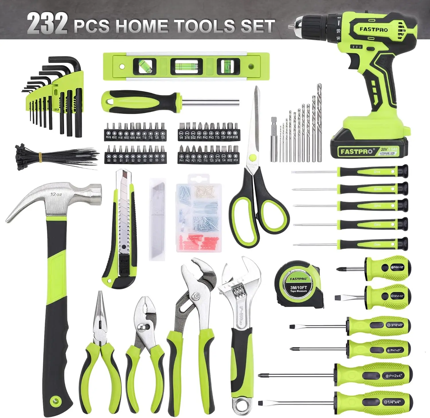 232-Piece 20V Cordless Lithium-ion Drill Driver and Home Tool Set, Household Repairing Tool Kit with Drill, 12-Inch